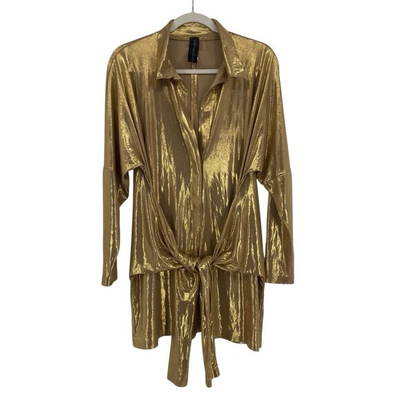 Norma Kamali Sz Large TY Tie Front NK Metallic Gold Long Sleeve Shirt Mini Dress - Picture 1 of 13